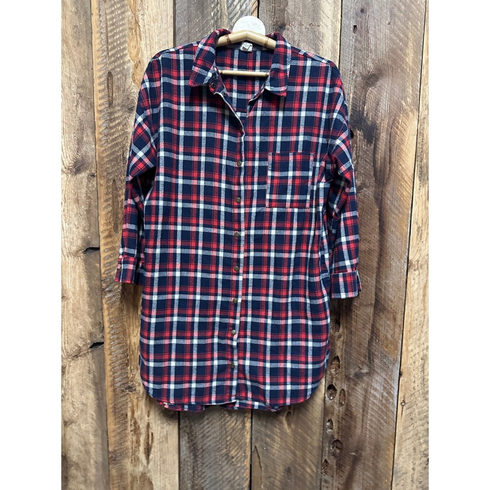 Joah Plaid Tunic Red Navy Flannel Longline Cozy Cabincore Fall Layering Size‎ M